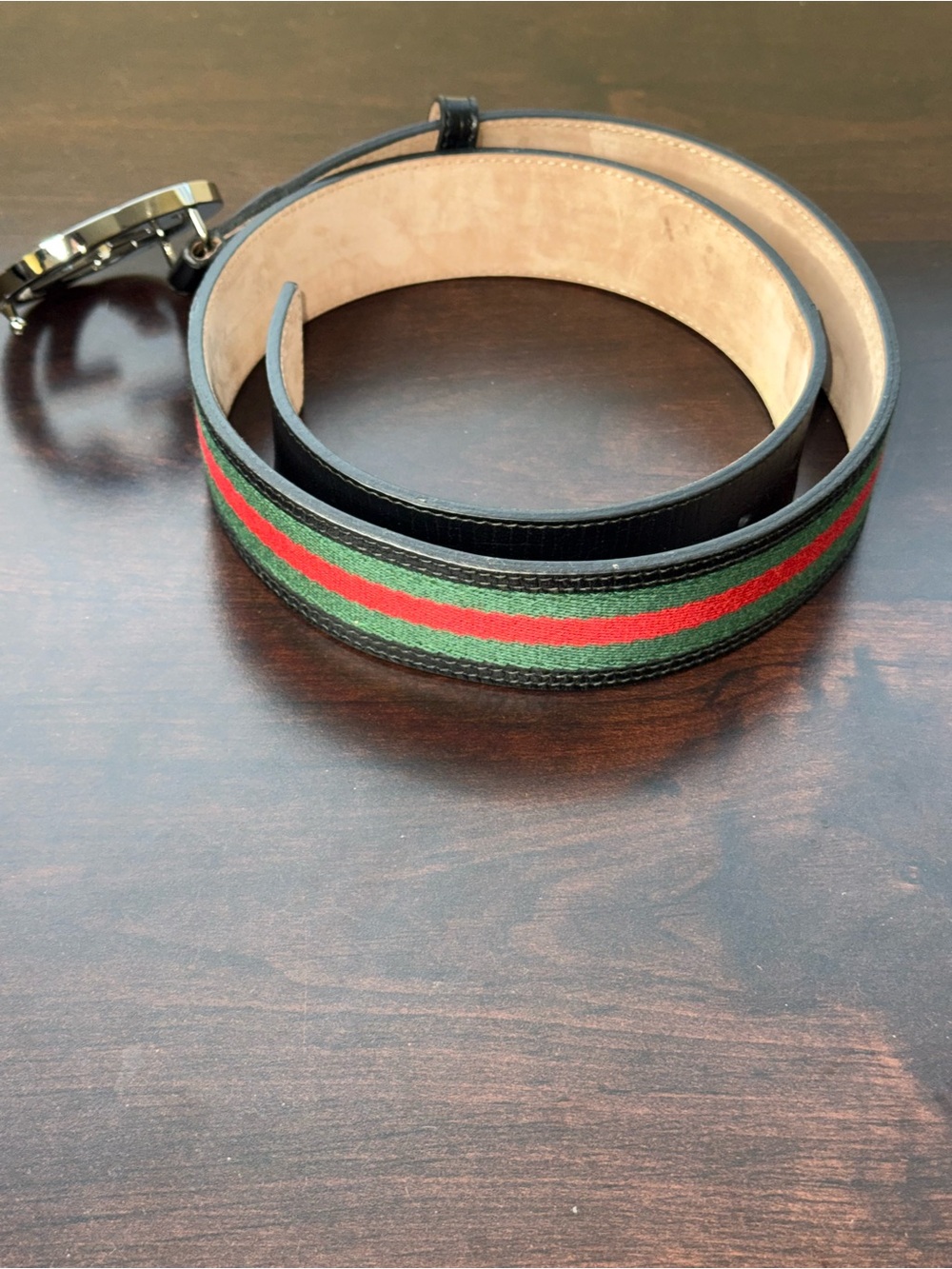 Gucci Black Leather Belt with Green and Red Web Stripe and Silver GG Buckle - Picture 2 of 3